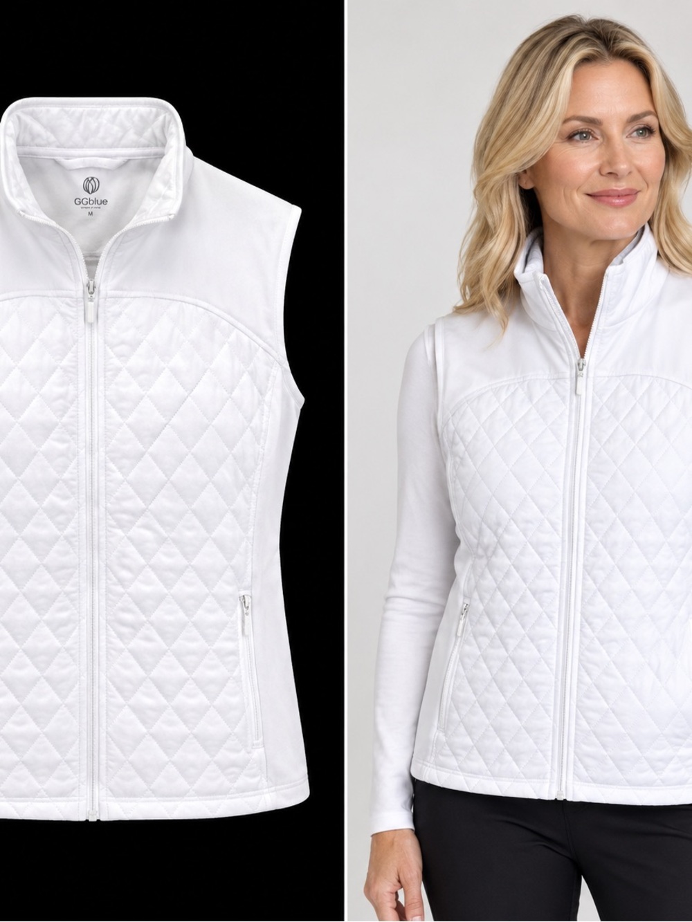 Women's White Quilted Stand-Collar Vest